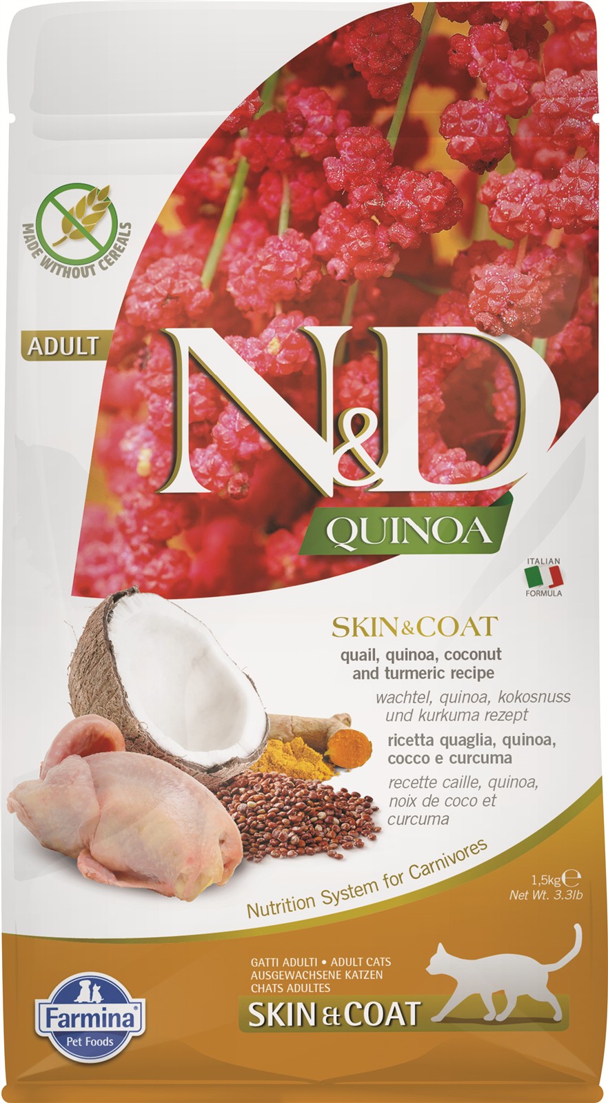 N&amp;D Quinoa Skin&amp;Coat Bıldırcınlı Ve Hindistancevizli Yetişkin Kedi Maması 1.5 Kg 8010276035837