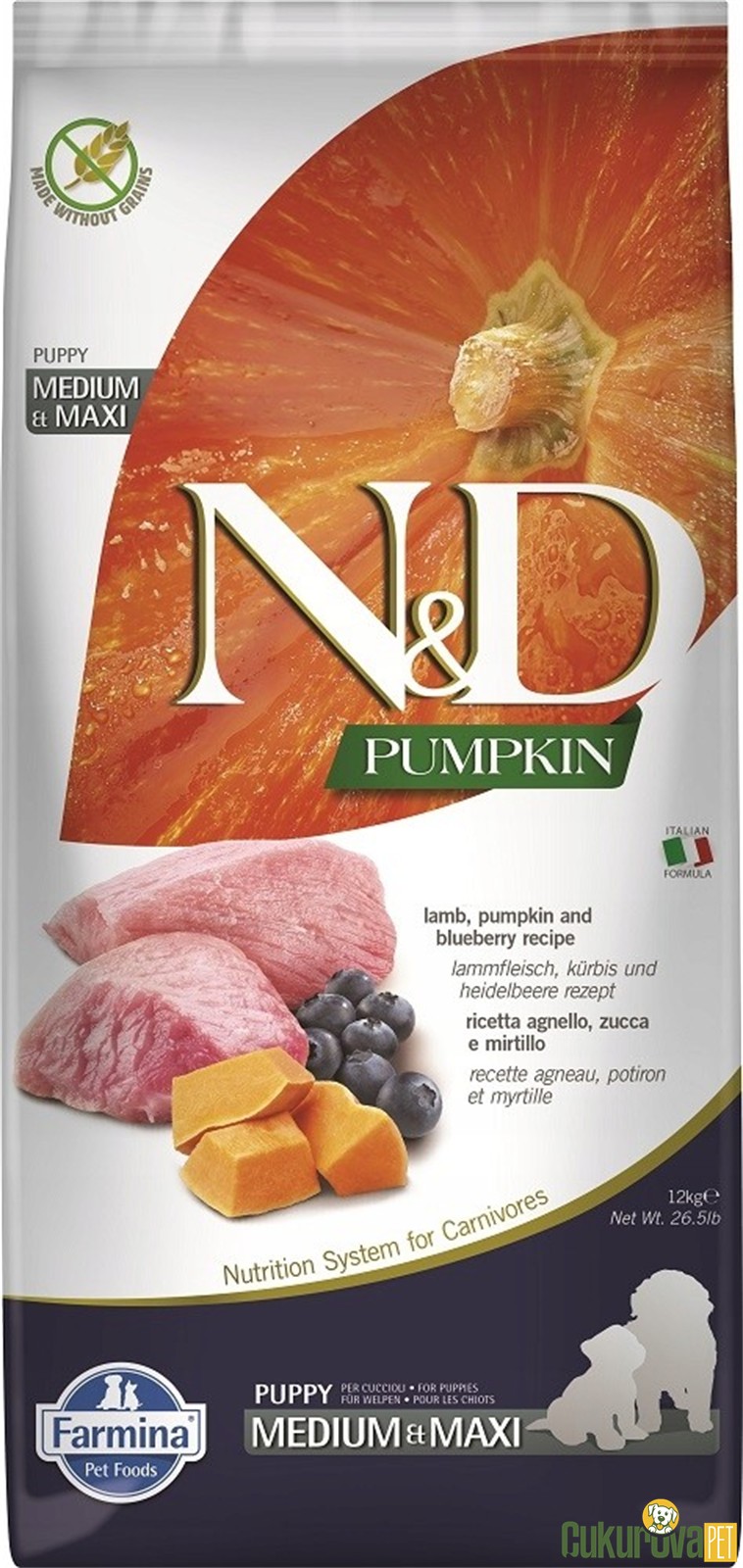 N&D Pumpkin Puppy Medium & Maxi Kuzu Etli Yaban Mersinli Ve Bal Kabaklı Yavru Köpek Maması 12 Kg