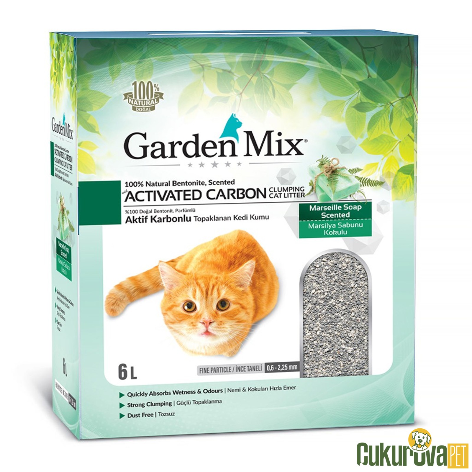 GardenMix Activated Carbon Aktif Karbonlu ve Marsilya Sabunlu Bentonit Kedi Kumu 6 L