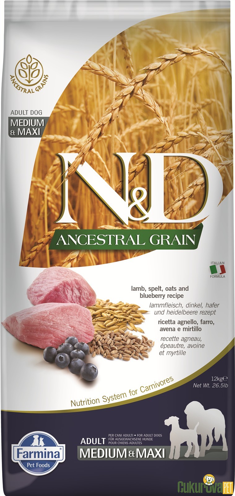 N&D Ancestral Grain Adult Medium & Maxi Kuzu Etli Ve Yaban Mersinli Yetişkin Köpek Maması 12 Kg