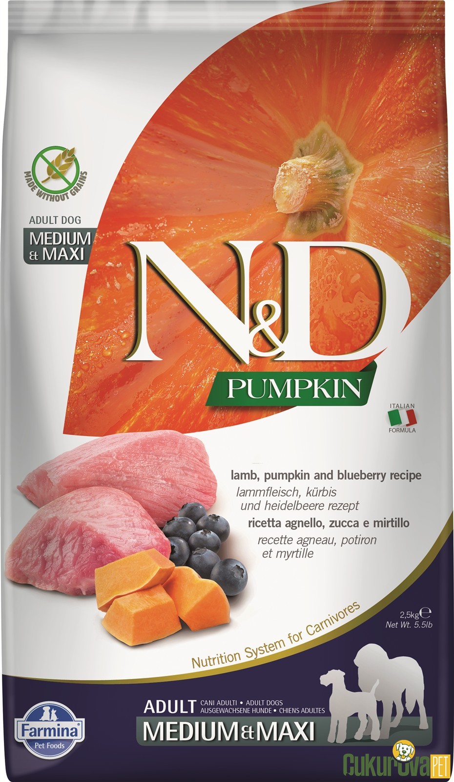 N&D Pumpkin Adult Medium & Maxi Kuzu Etli Yaban Mersinli Ve Balkabaklı Yetişkin Köpek Maması 2.5 Kg