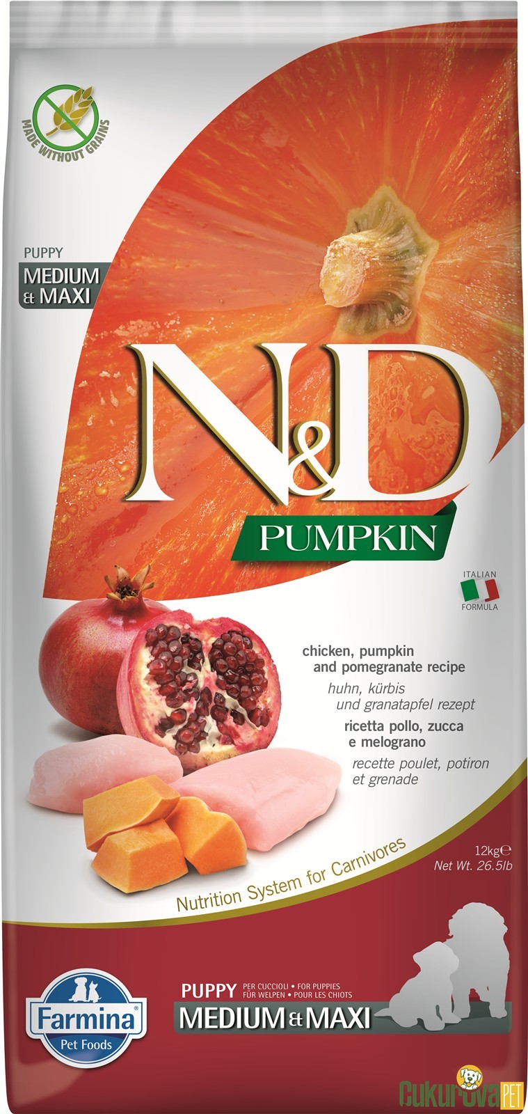 N&D Pumpkin Puppy Medium&Maxi Tavuklu Narlı Ve Balkabaklı Yavru Köpek Maması 12 Kg