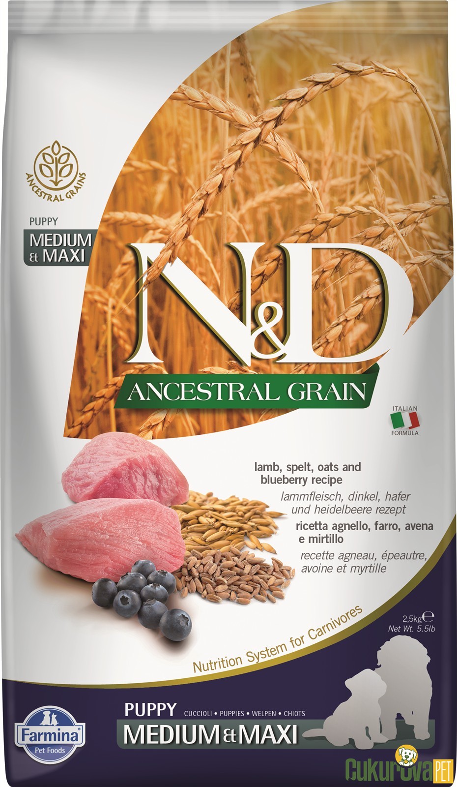N&D Ancestral Grain Puppy Medium&Maxi Kuzulu Ve Yaban Mersinli Yavru Köpek Maması 2.5 Kg