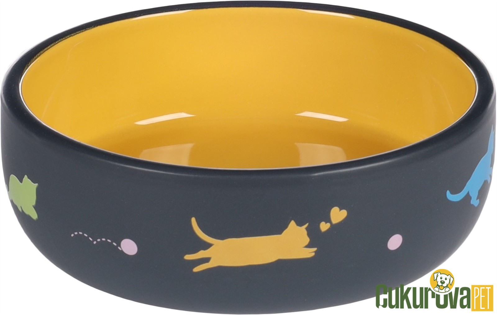 Flamingo Rani Kedi Desenli Kedi & Köpek Seramik Mama Ve Su Kabı Gri & Sarı - 380 Ml