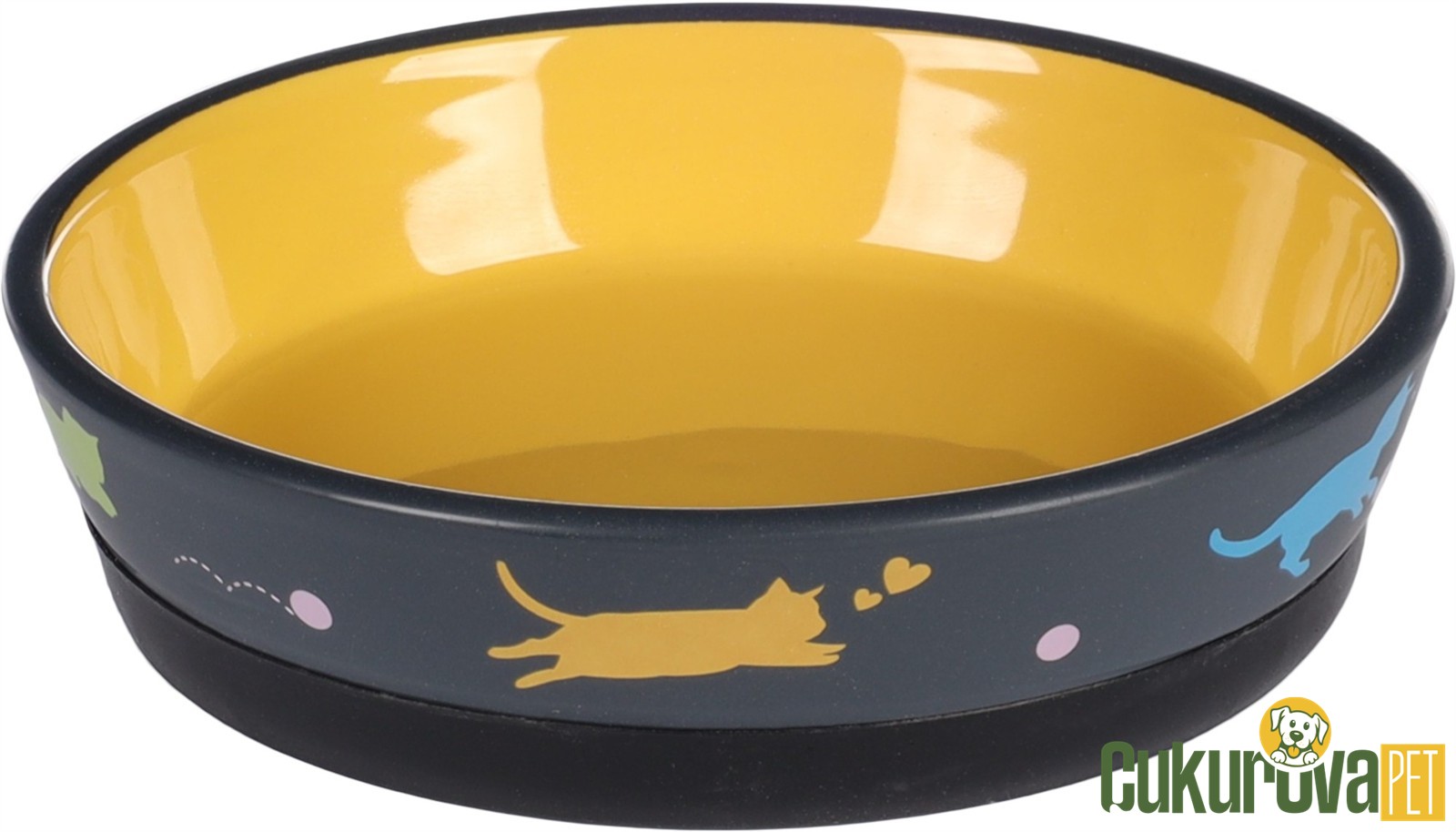Flamingo Rani Kedi Desenli Kedi & Köpek Seramik Mama Ve Su Kabı Gri & Sarı - 320 Ml