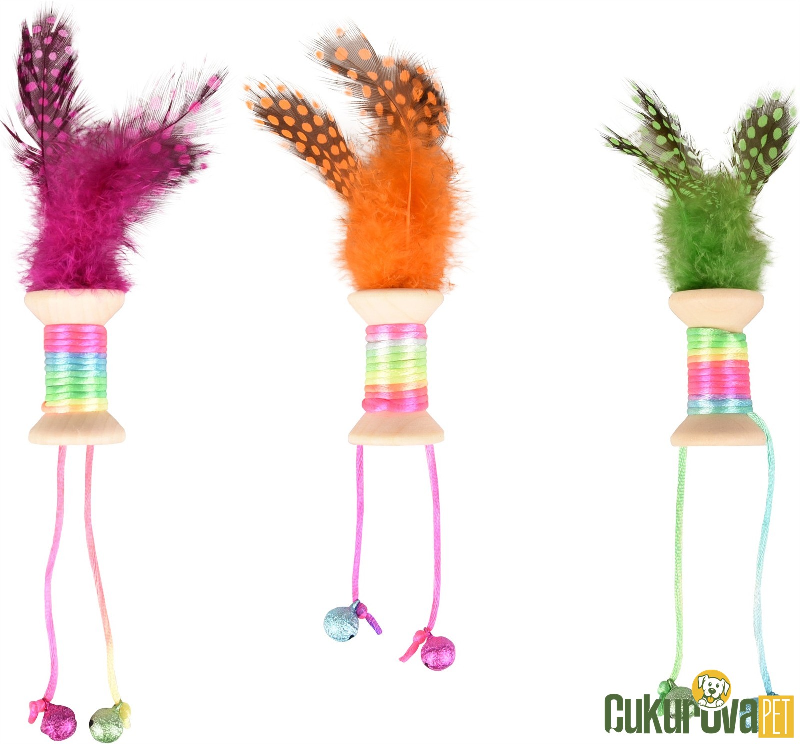 Flamingo Kırk Renkli Tüylü Zilli Makara Kedi Oyuncağı Karışık Renkli