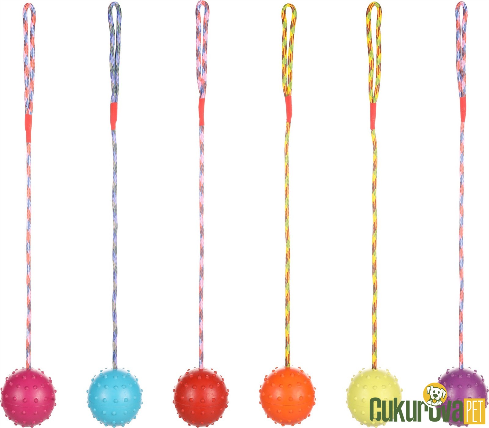 Flamingo Rula İpli Lastik Zil Sesli Top Köpek Oyuncağı Karışık Renkli - 58 Cm