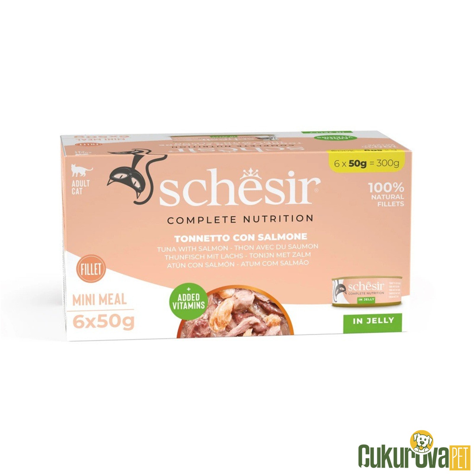 Schesir Jöleli Ton Balıklı Ve Somonlu Yetişkin Kedi Yaş Maması 6 x 50 Gr