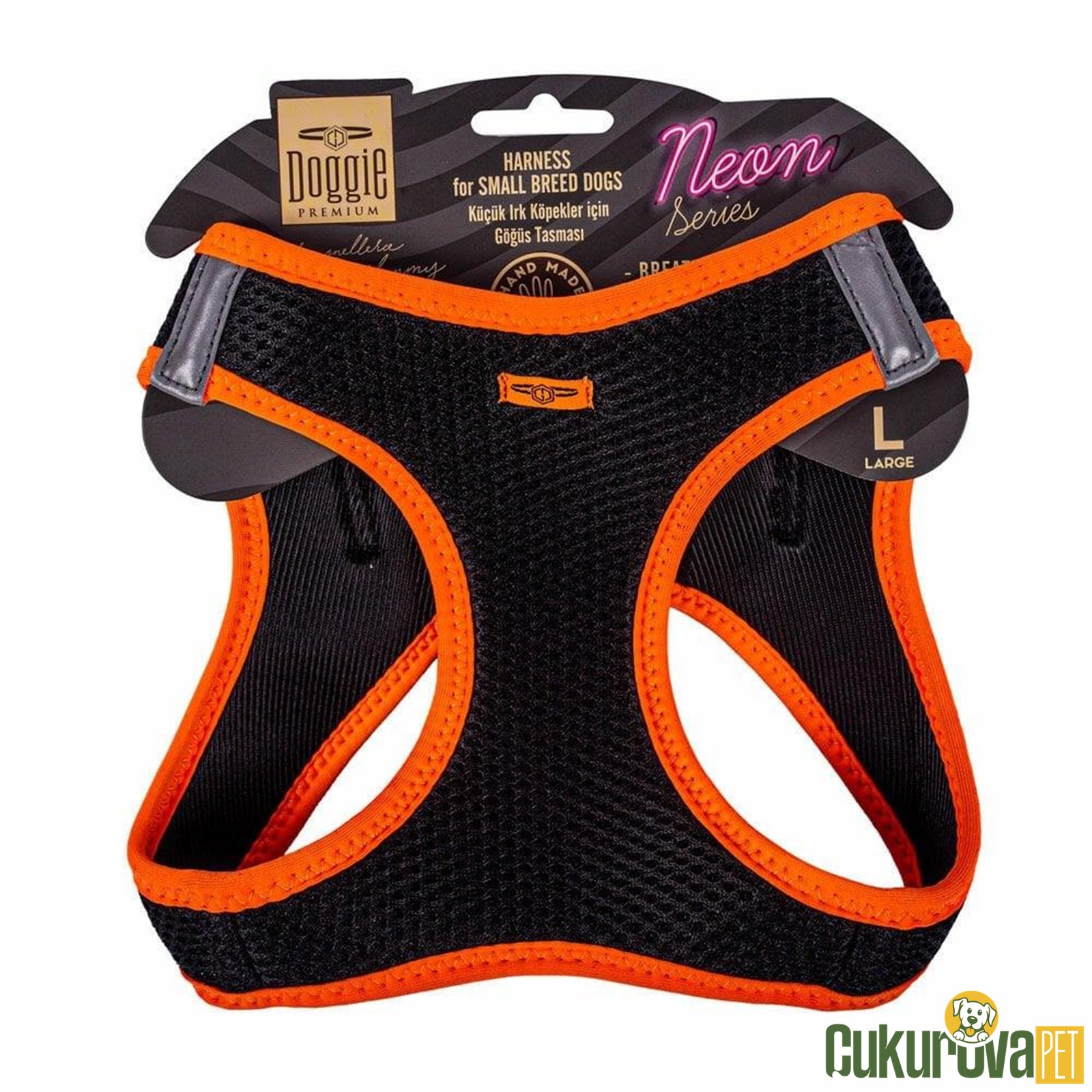 Doggie Havalı Dokumadan Neon Serisi El Yapımı Küçük Irk Köpek Göğüs Tasması L 42 - 48 Cm - Turuncu