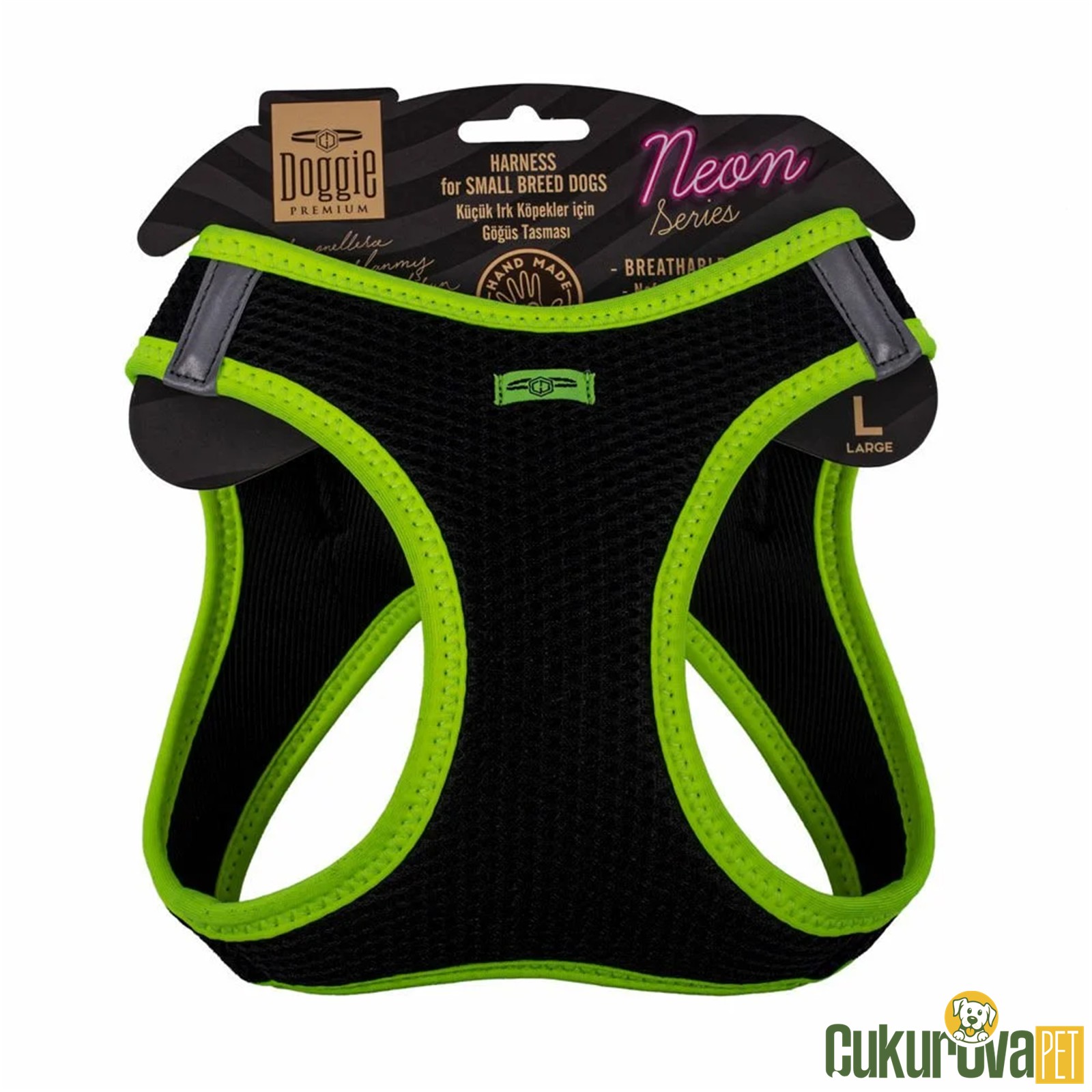 Doggie Havalı Dokumadan Neon Serisi El Yapımı Küçük Irk Köpek Göğüs Tasmasi L 42 - 48 Cm - Sari