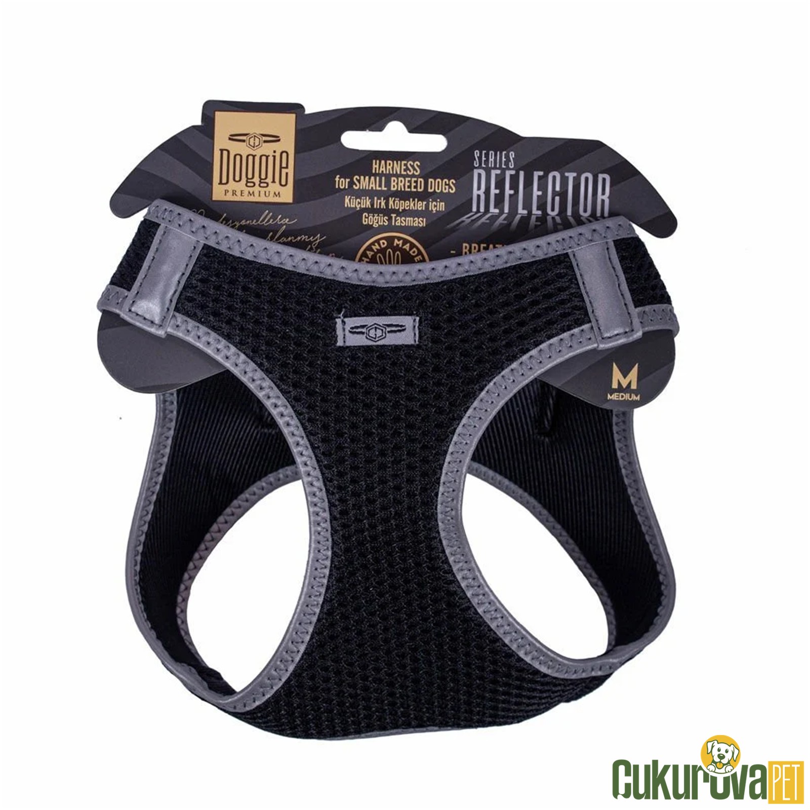 Doggie Havalı Dokumadan Reflektör Serisi El Yapımı Küçük Irk Köpek Göğüs Tasması M 38 - 44 Cm - Siyah