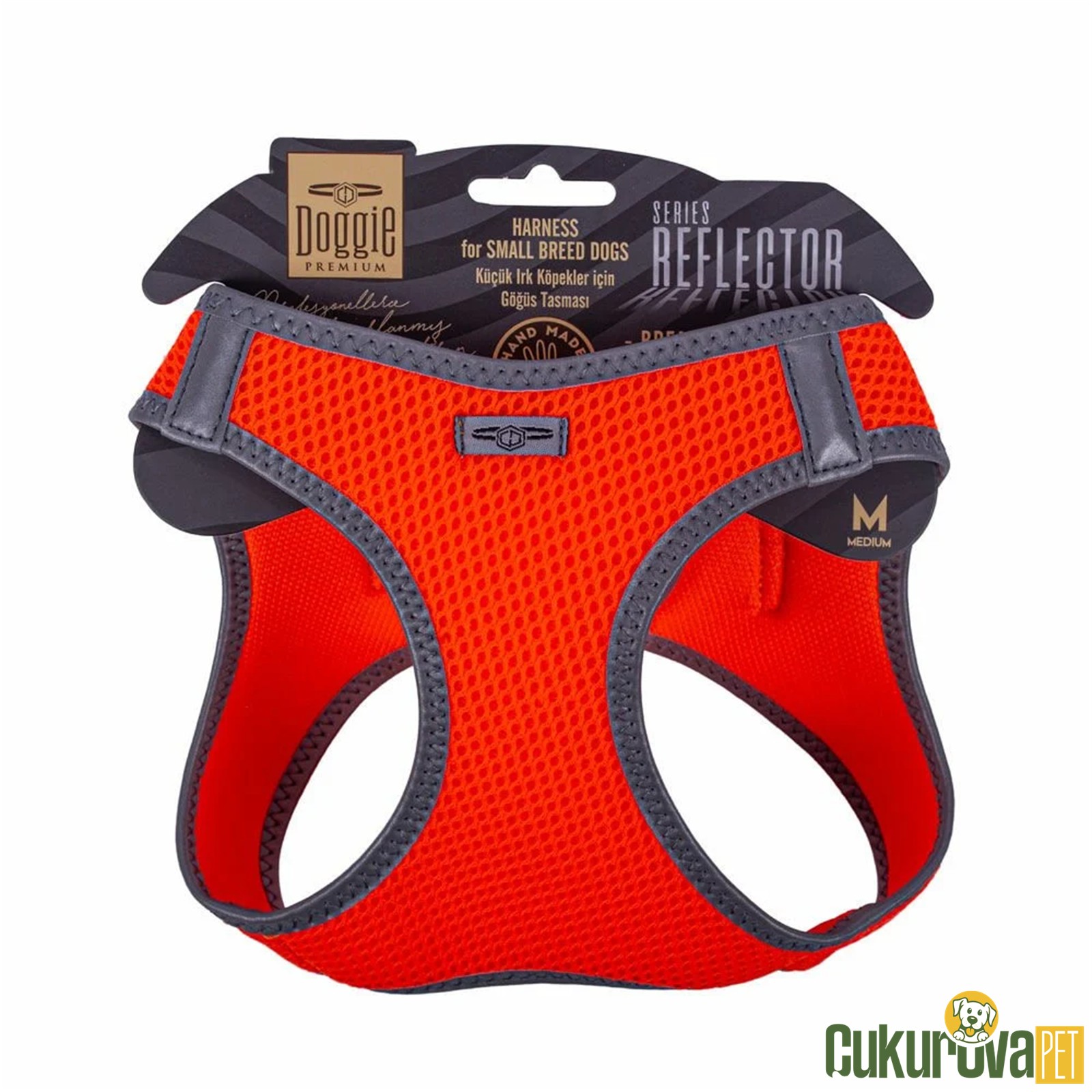 Doggie Havalı Dokumadan Reflektör Serisi El Yapımı Küçük Irk Köpek Göğüs Tasması M 38 - 44 Cm - Turuncu