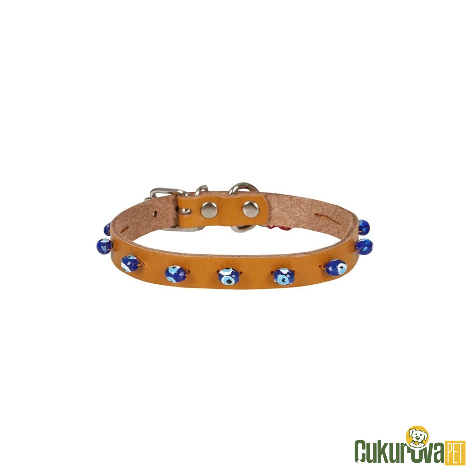 Cattie Gerçek Deriden El Yapımı Boncuklu Kedi Boyun Tasması M - 1 Mm x 21 - 25 Cm - Kamel