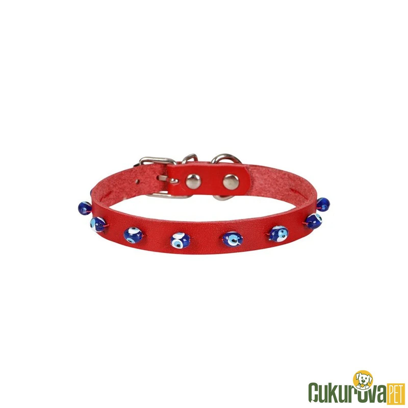 Cattie Gerçek Deri̇den El Yapımı Boncuklu Kedi̇ Boyun Tasması M - 1 Mm x 21 - 25 Cm - Kırmızı