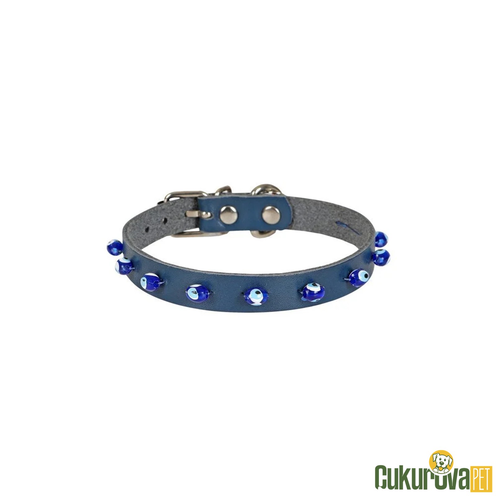 Cattie Gerçek Deriden El Yapımı Boncuklu Kedi Boyun Tasması L - 1.2 Mm x 25 - 29 Cm - Royal Mavi