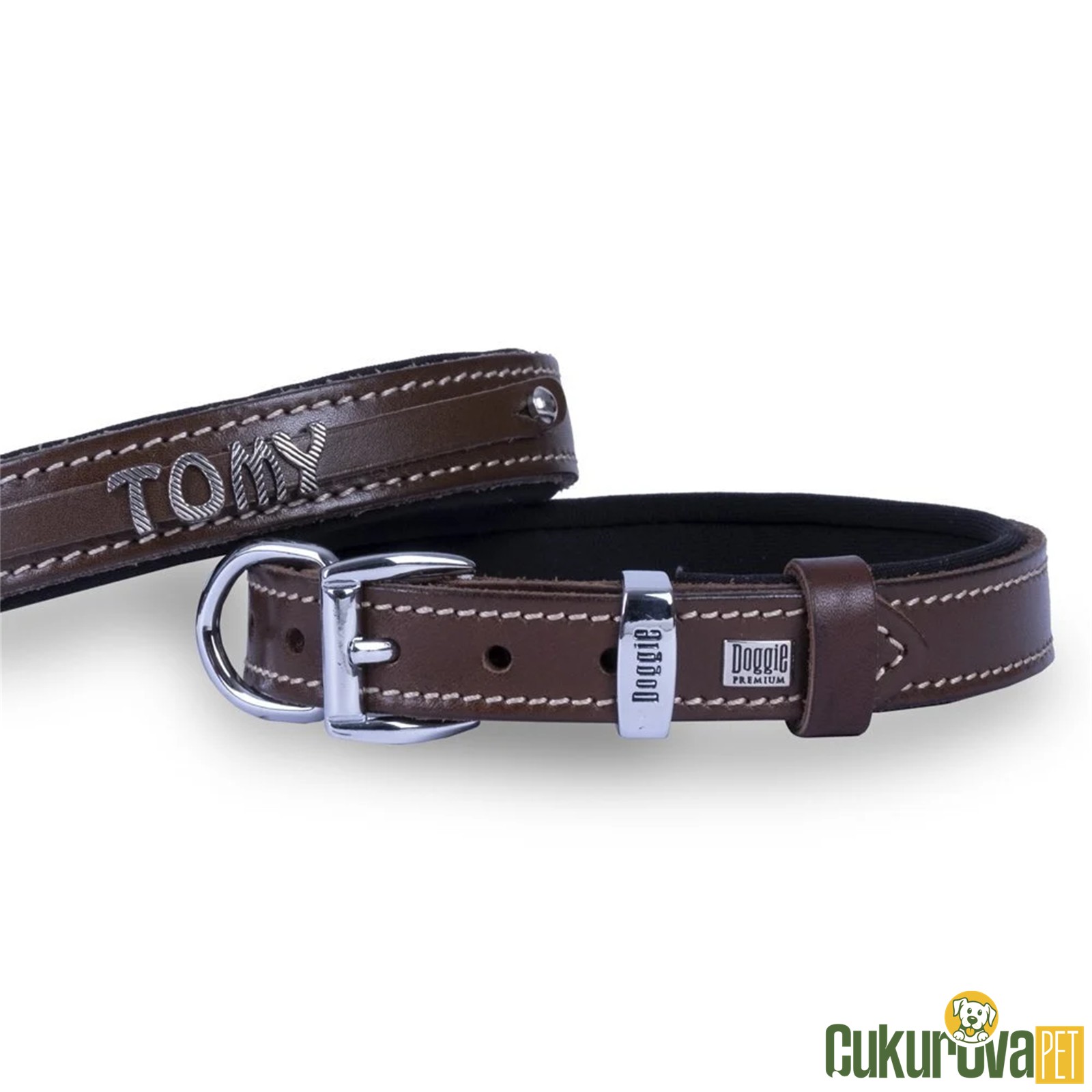 Doggie Konforlu Gerçek Deriden El Yapımı İsimlikli Köpek Boyun Tasması M - 2 x 35 - 40 Cm - Kahverengi