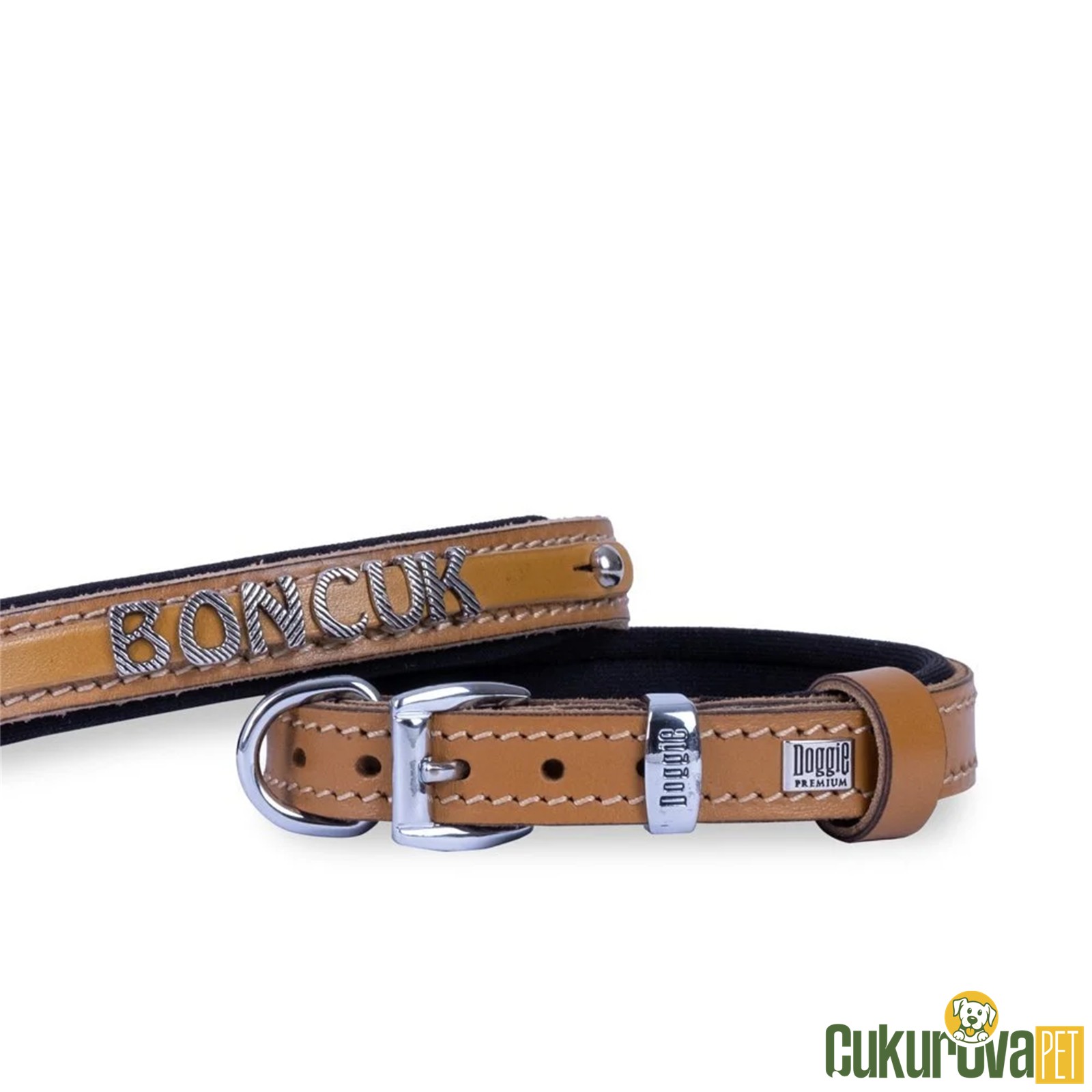 Doggie Konforlu Gerçek Deriden El Yapımı İsimlikli Köpek Boyun Tasması M - 2 x 35 - 40 Cm - Kamel