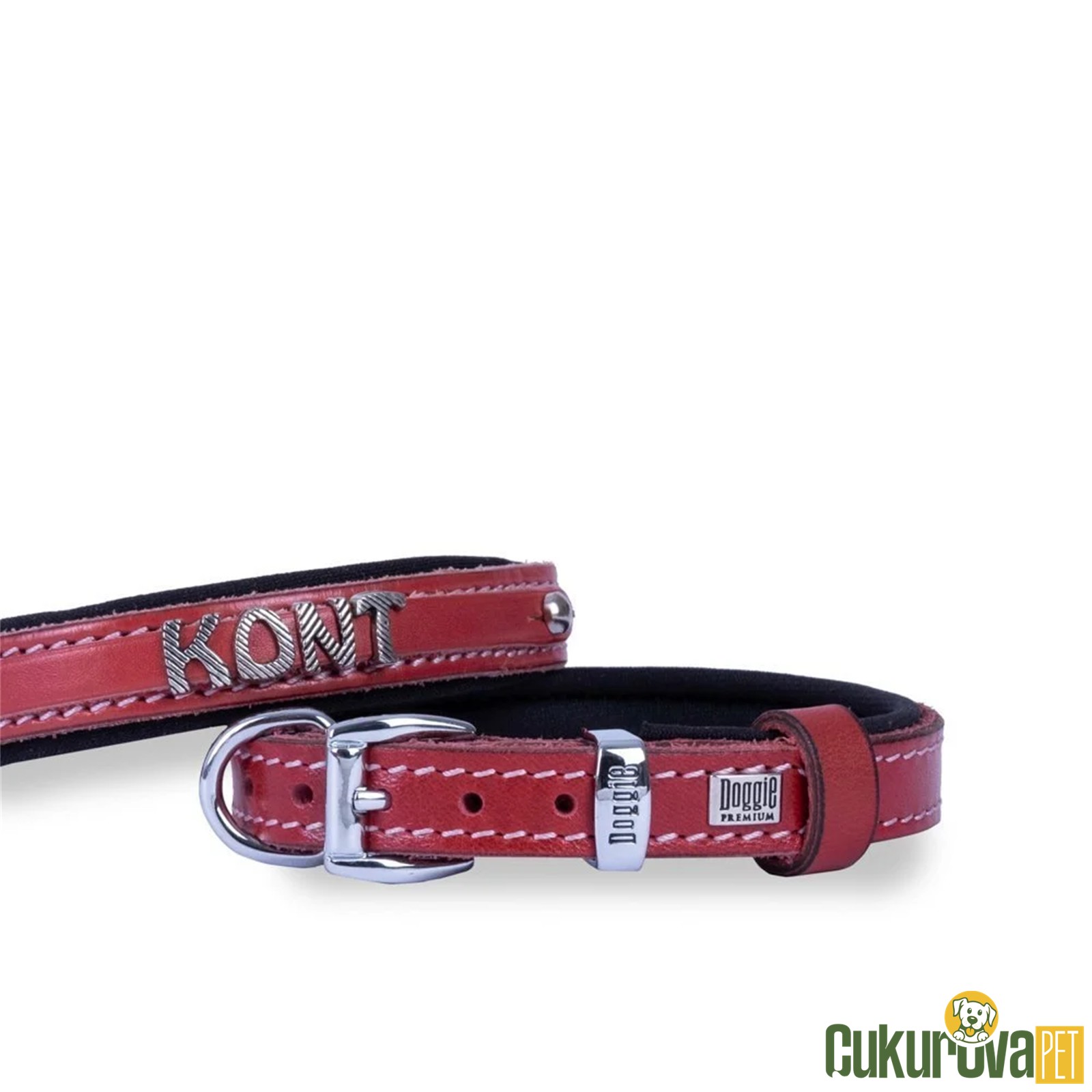 Doggie Konforlu Gerçek Deriden El Yapımı İsimlikli Köpek Boyun Tasması M - 1.5 x 25 - 30 Cm - Kırmızı