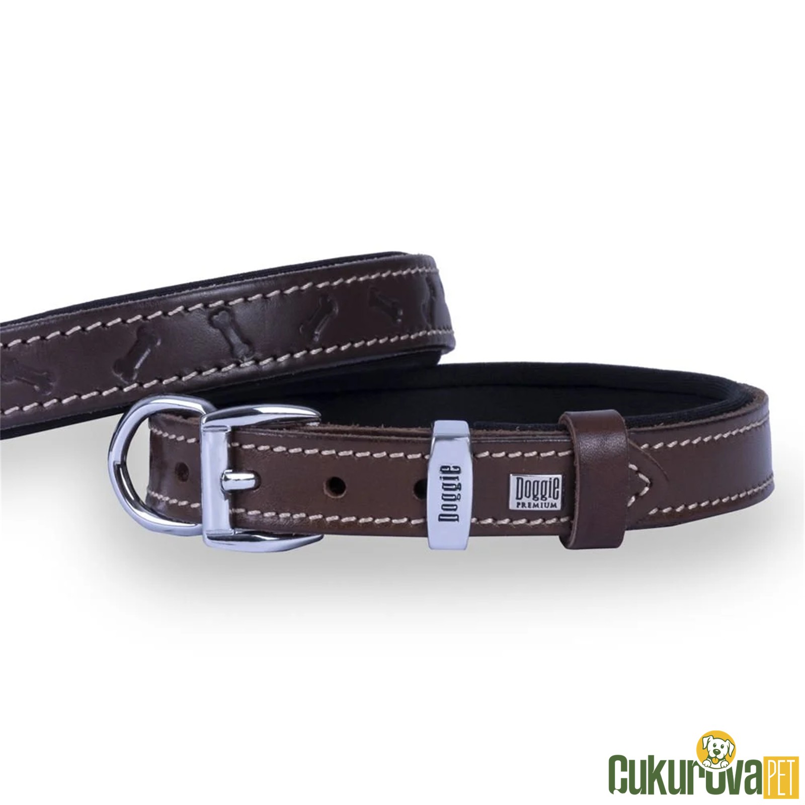 Doggie Konforlu Gerçek Deriden El Yapımı Kemik Desenli Köpek Boyun Tasması M - 2 x 35 - 40 Cm - Kahverengi