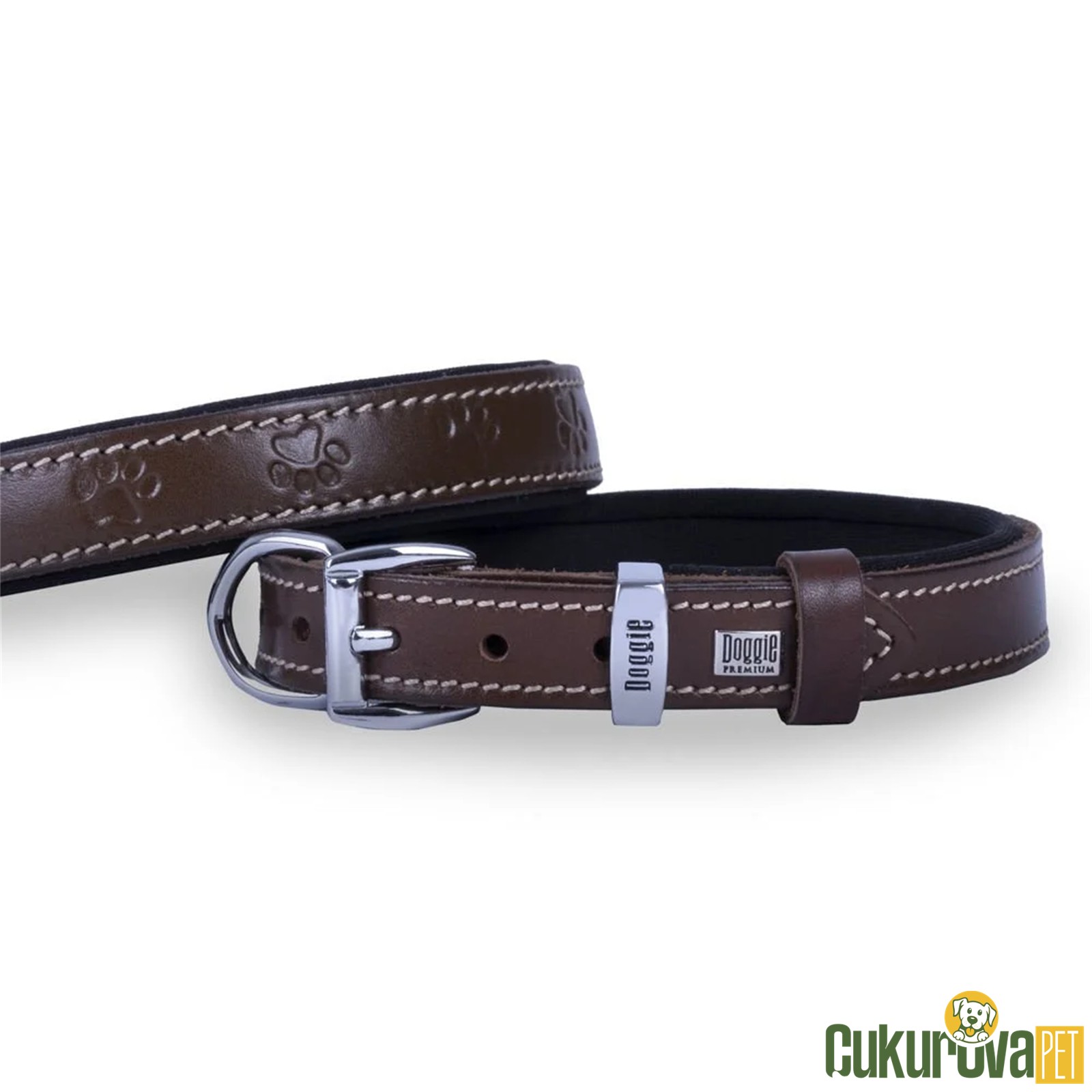 Doggie Konforlu Gerçek Deriden El Yapımı Pati Desenli Köpek Boyun Tasması M - 2 x 35 - 40 Cm - Kahverengi