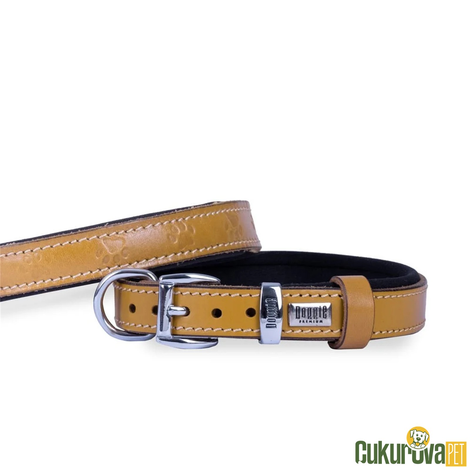 Doggie Konforlu Gerçek Deriden El Yapımı Pati Desenli Köpek Boyun Tasması M - 2 x 35 - 40 Cm - Kamel