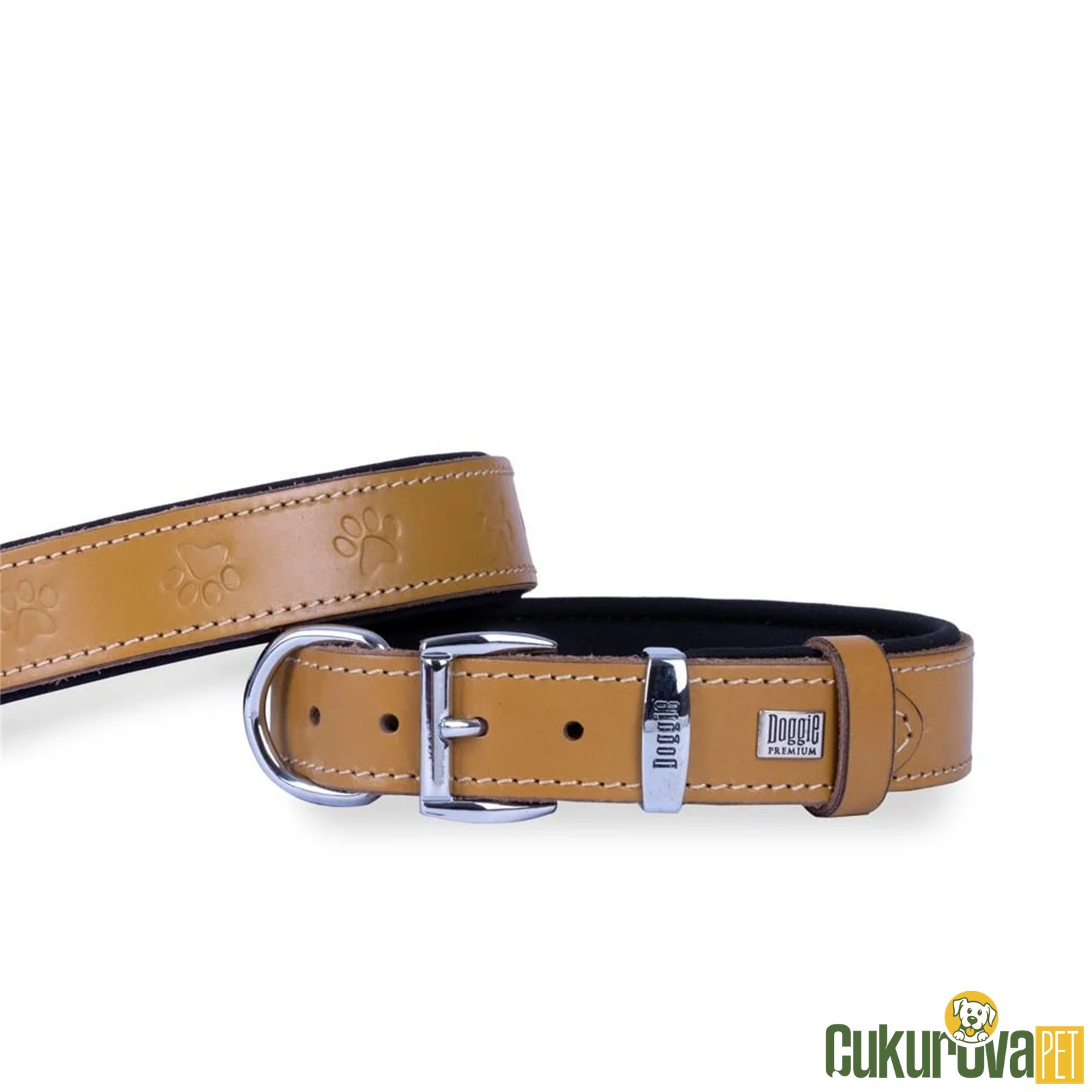 Doggie Konforlu Gerçek Deriden El Yapımı Pati Desenli Köpek Boyun Tasması M - 2.5 x 37 - 45 Cm - Kamel