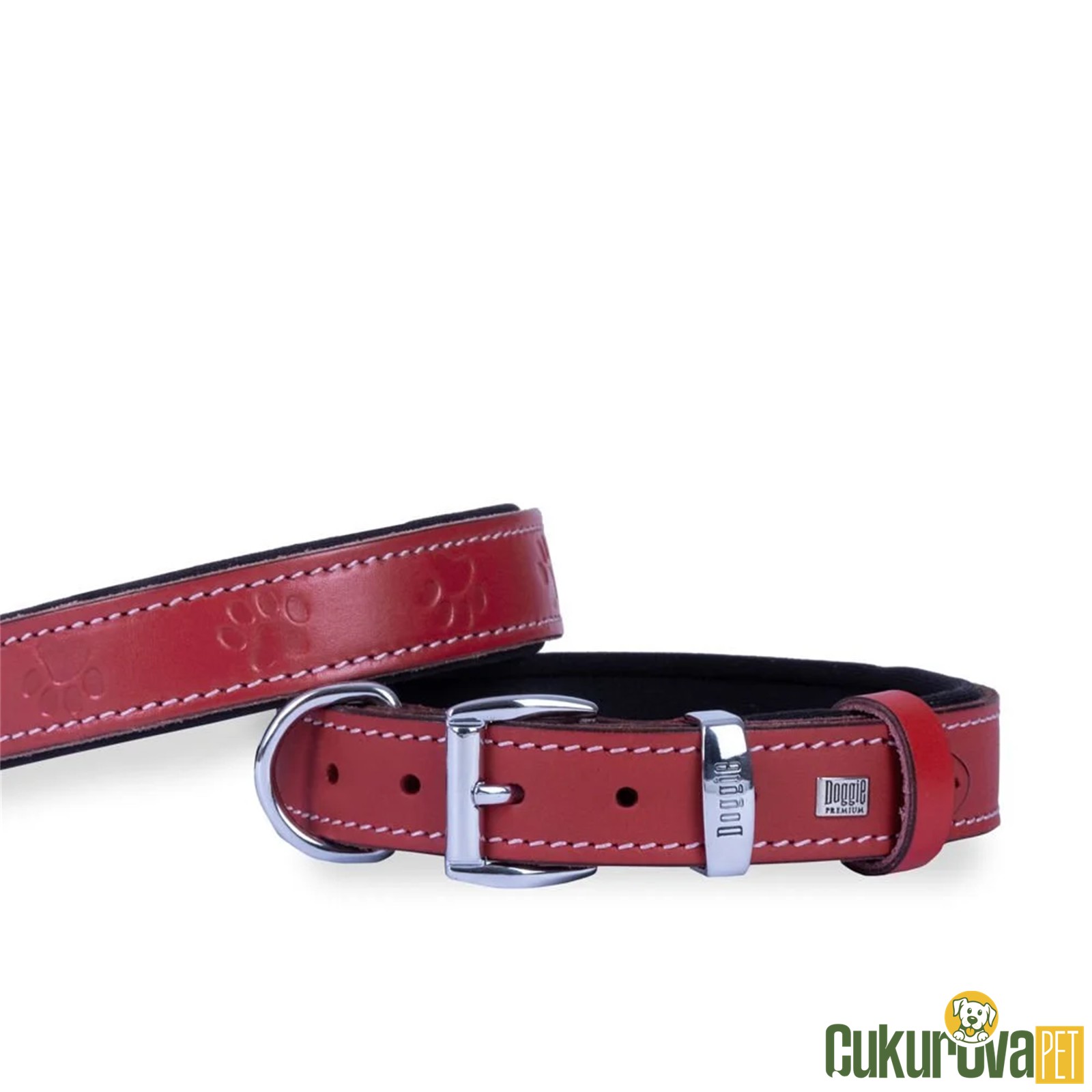 Doggie Konforlu Gerçek Deriden El Yapımı Pati Desenli Köpek Boyun Tasması M - 3 x 42 - 50 Cm - Kirmizi