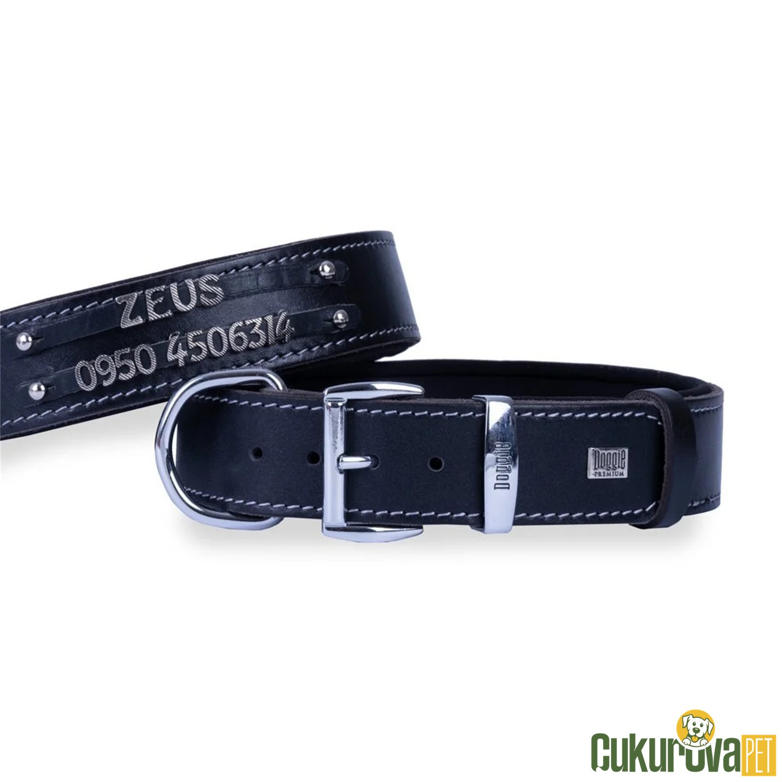 Doggie Konforlu Gerçek Deriden El Yapımı Çift İsimlikli Köpek Boyun Tasması L - 3.5 x 52 - 60 Cm - Siyah