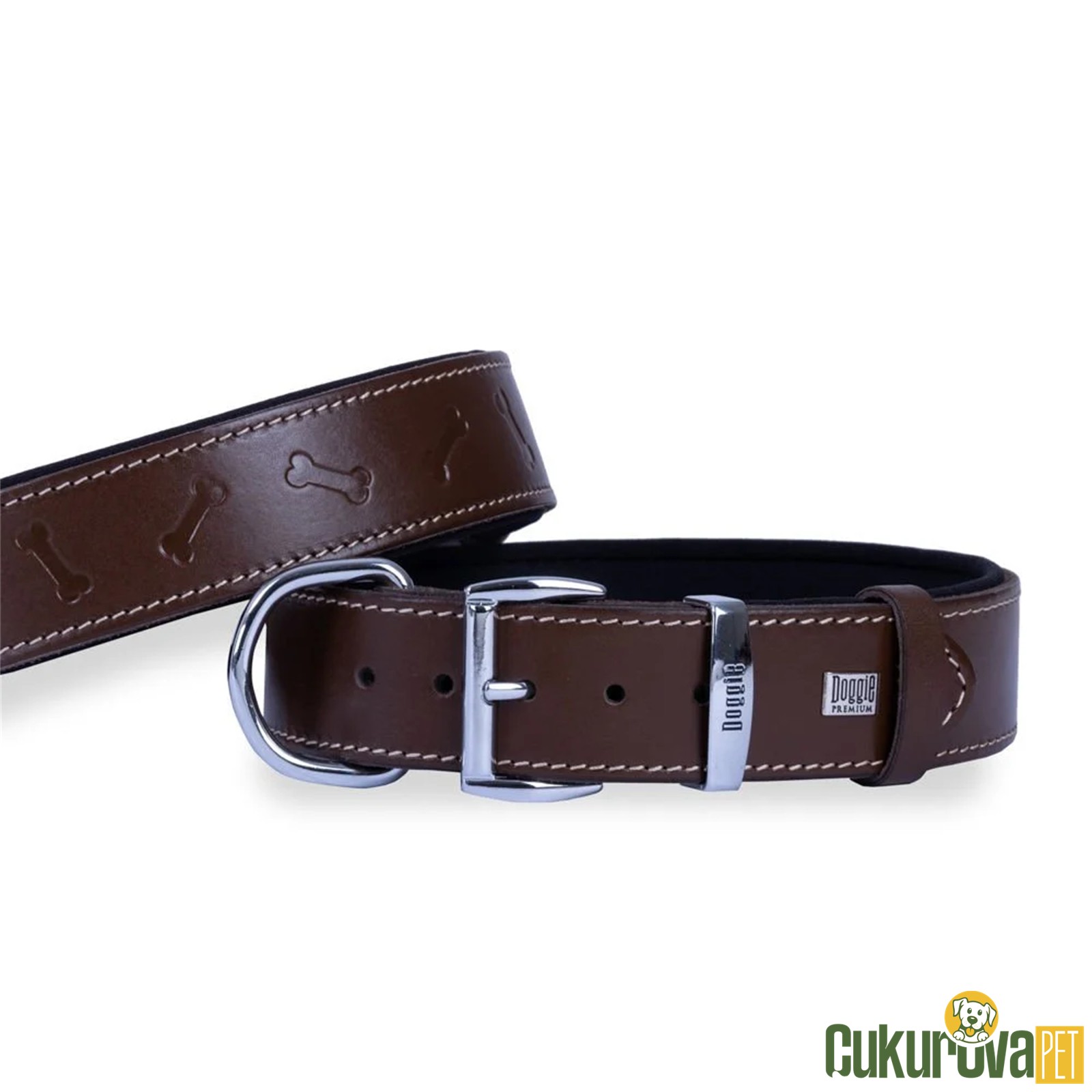 Doggie Konforlu Gerçek Deriden El Yapımı Kemik Desenli Köpek Boyun Tasması S - 2 x 30 - 35 Cm - Kahverengi