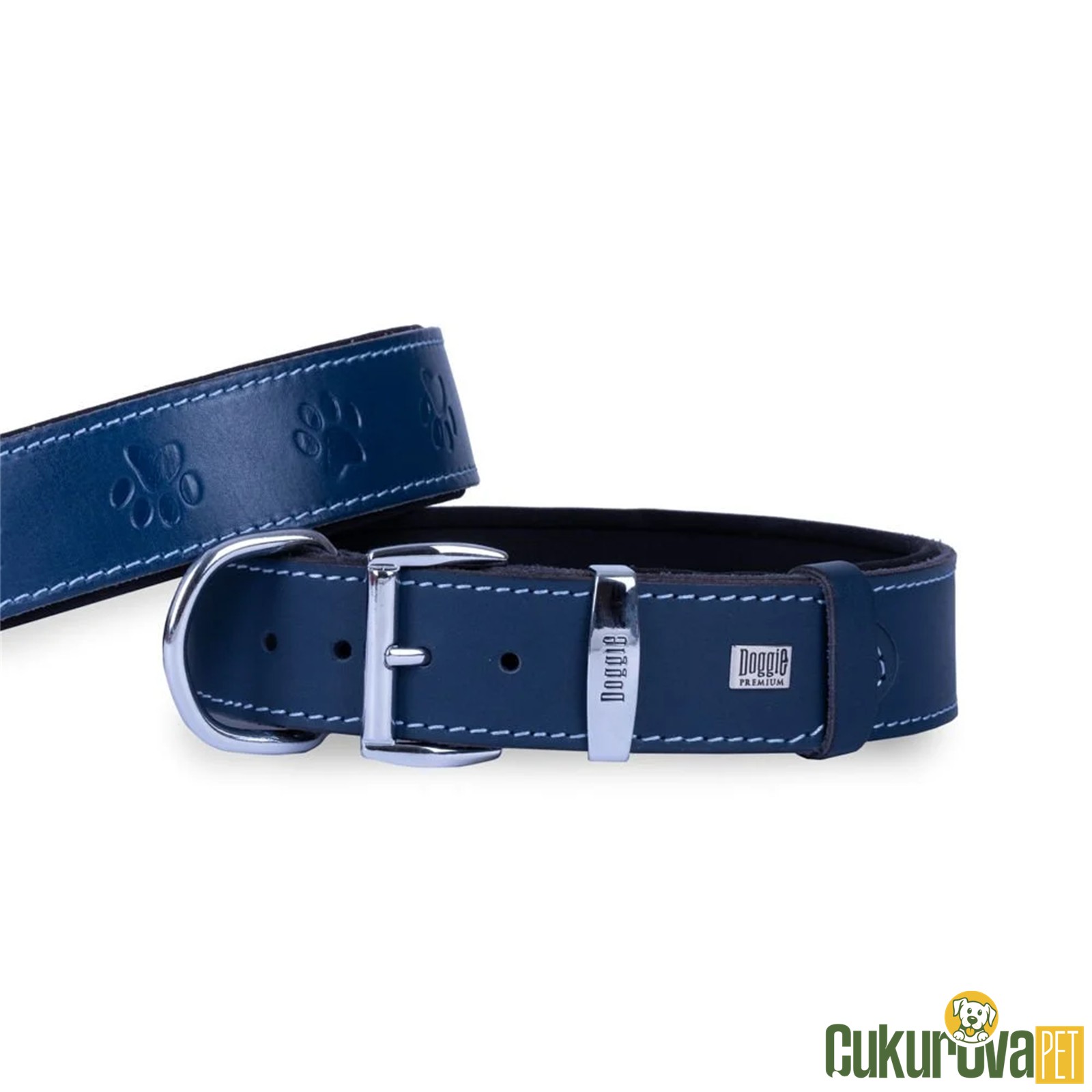 Doggie Konforlu Gerçek Deriden El Yapımı Pati Desenli Köpek Boyun Tasması 3.5 x 47 - 55 Cm - Royal Mavi