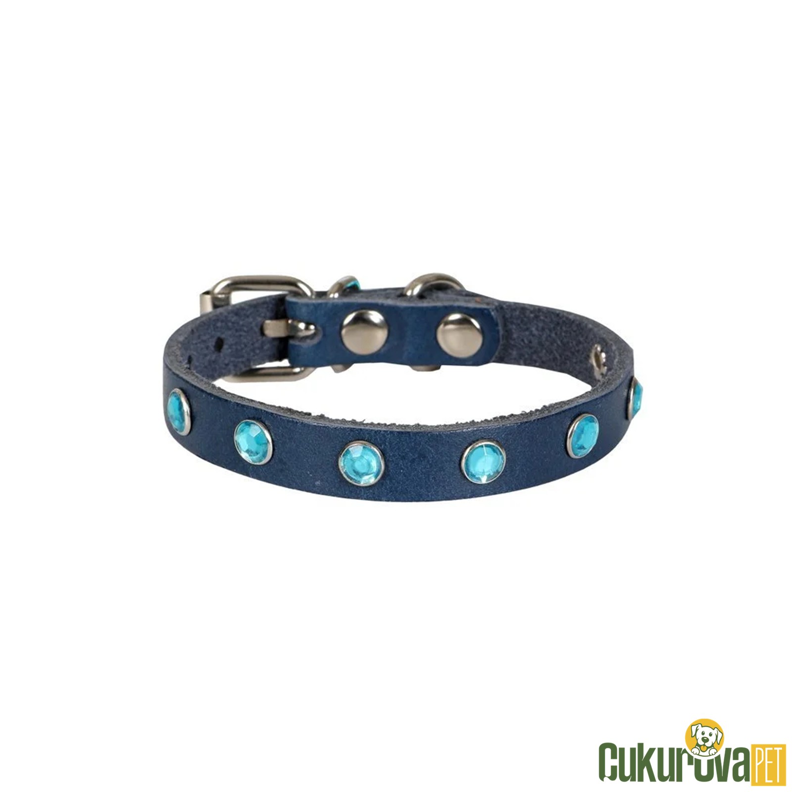 Cattie Gerçek Deriden El Yapımı Taşlı Kedi Boyun Tasması S - 1 Mm x 18 - 22 Cm - Royal Mavi