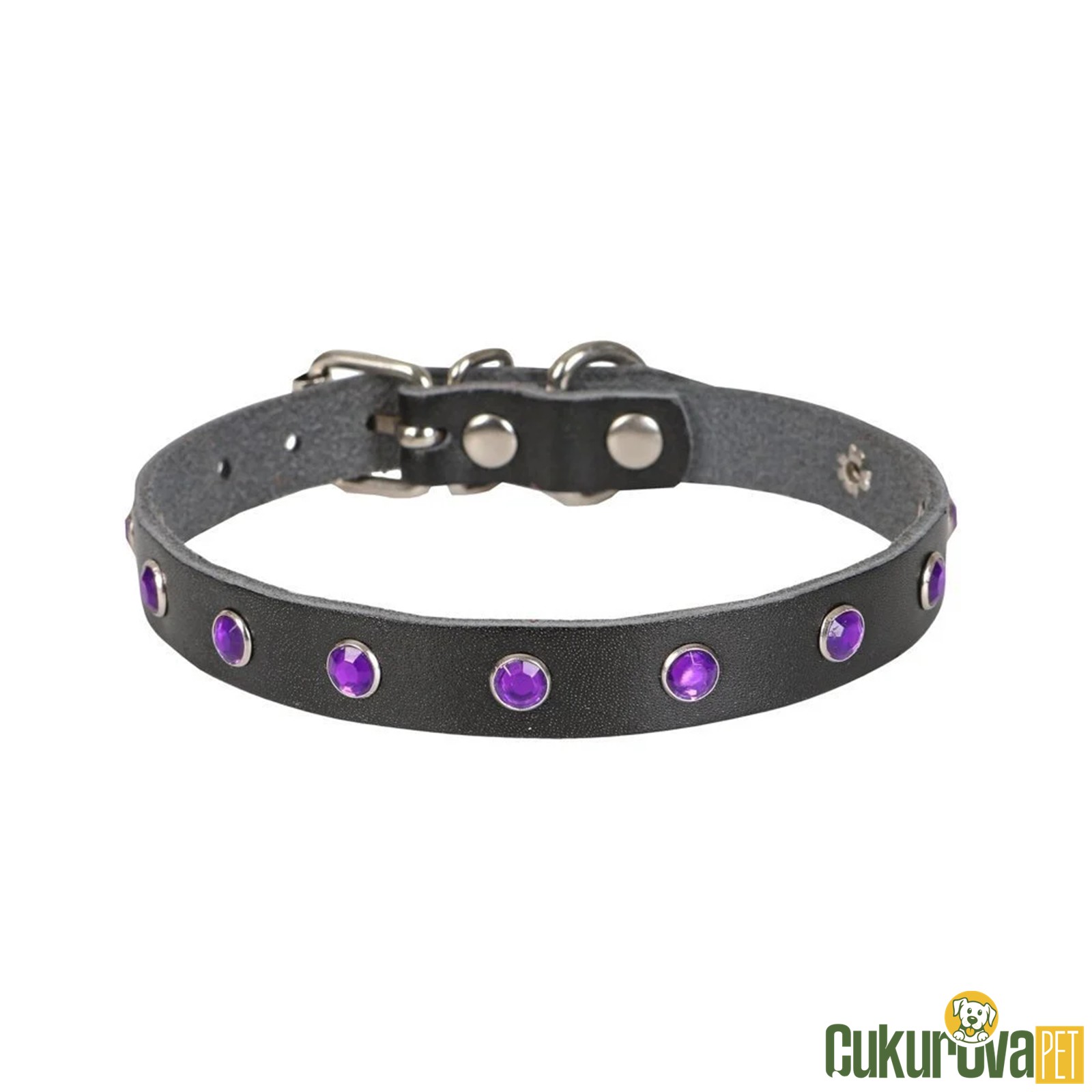 Cattie Gerçek Deriden El Yapımı Taşlı Kedi Boyun Tasması L - 1.2 Mm x 25 - 29 Cm - Siyah