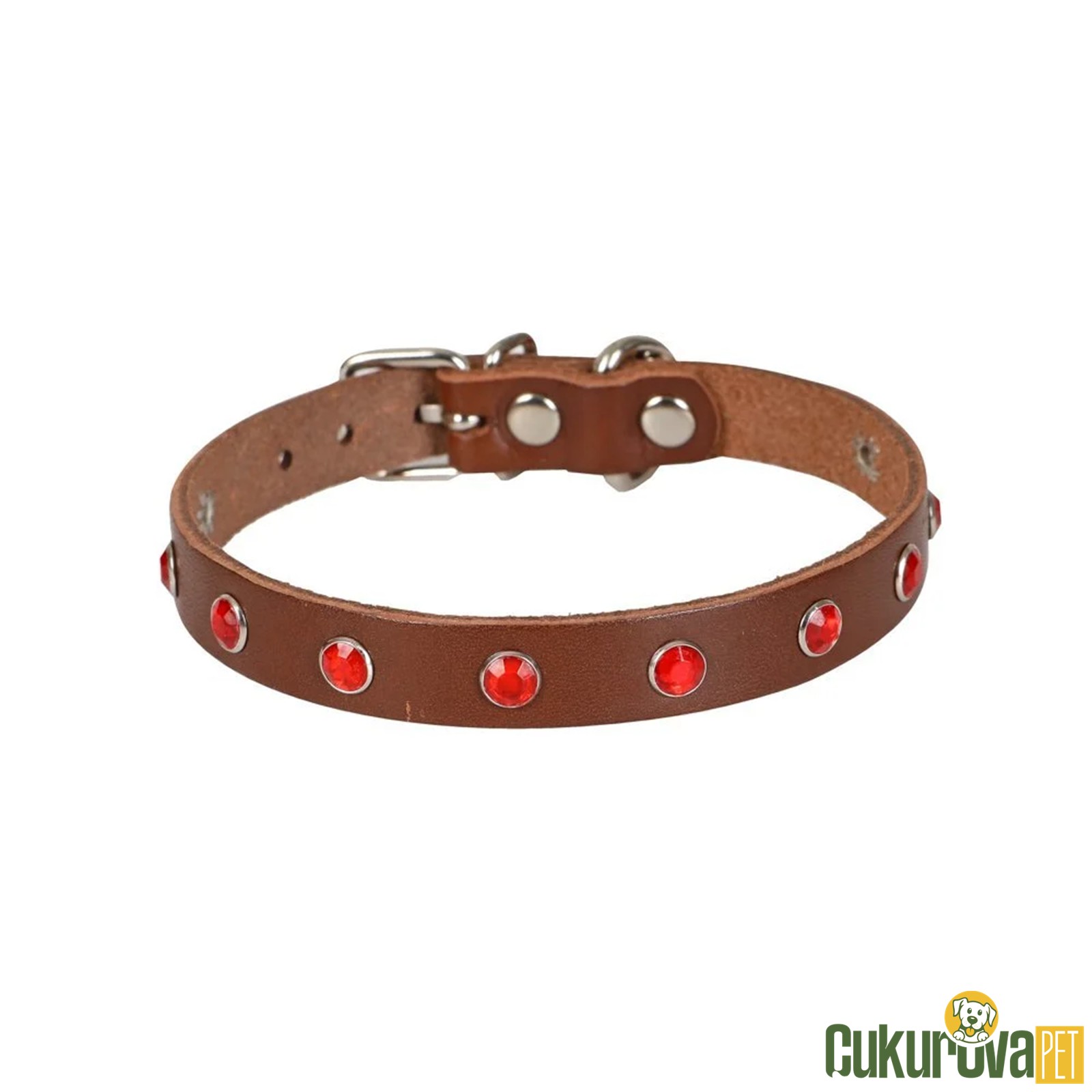 Cattie Gerçek Deriden El Yapımı Taşlı Kedi Boyun Tasması L - 1.2 Mm x 25 - 29 Cm - Kahverengi