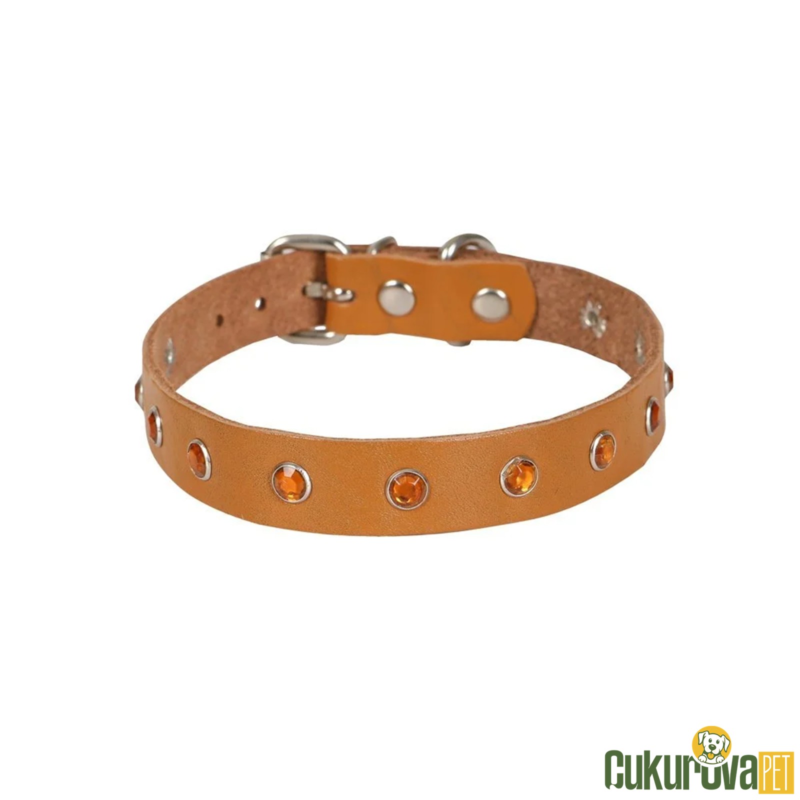 Cattie Gerçek Deri̇den El Yapımı Taşli Kedi̇ Boyun Tasması Xl - 1.5 Mm x 28 - 32 Cm - Kamel