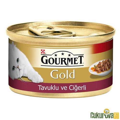 GOURMET GOLD SOSLU PARÇA ETLİ TAVUKLU CİĞERLİ YETİŞKİN KEDİ KONSERVESİ 85 GR