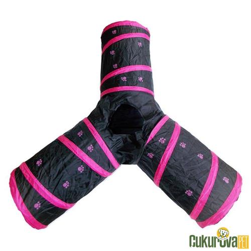 EASTLAND PATİ DESENLİ ÜÇ YOLLU KEDİ OYUN TÜNELİ 25 x 35 CM ( PEMBE - SİYAH )