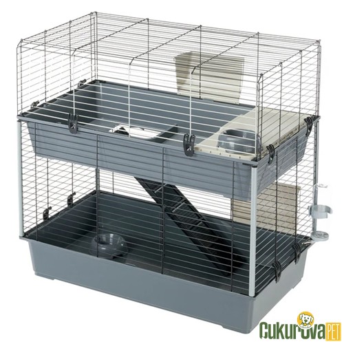 FERPLAST RABBIT 100 DOUBLE ÇİFT KATLI TAVŞAN VE GUINEA PIG KAFESİ GRİ 95 x 57 x 93 CM