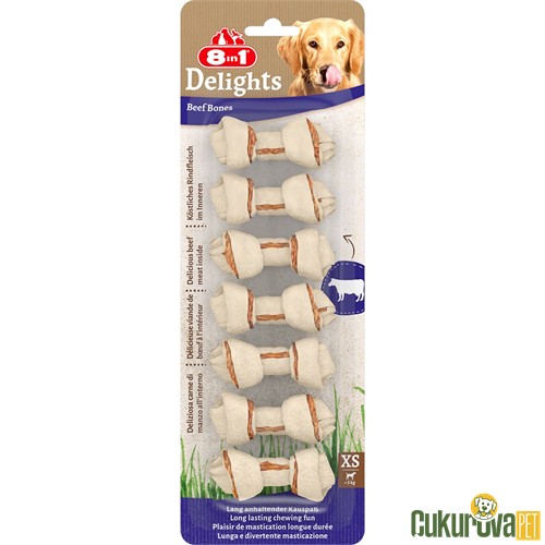 8 IN 1 DELIGHTS BONES AĞIZ BAKIMI İÇİN DÜĞÜMLÜ SIĞIR ETLİ KÖPEK ÖDÜL KEMİĞİ XS - 7'Lİ - 84 GR 