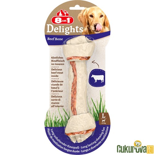 8 IN 1 DELIGHTS BONES BİFTEKLİ DÜĞÜMLÜ TARTAR ÖNLEYİCİ KÖPEK ÖDÜL KEMİĞİ L - 85 GR - 18 CM 
