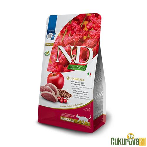 N&D QUINOA TÜY YUMAĞI ÖNLEYİCİ ÖRDEKLİ ELMALI VE KIZILCIKLI TAHILSIZ YETİŞKİN KEDİ MAMASI 1.5 KG