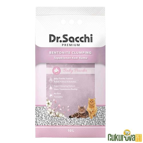 DR. SACCHI PREMIUM SÜPER TOPAKLANAN İNCE TANELİ BEBEK PUDRASI KOKULU BENTONİT KEDİ KUMU 10 L