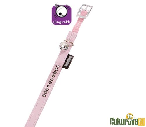 KARLIE ZİLLİ TAŞLI KEDİ DERİ BOYUN TASMASI 30 CM x 11 MM - PEMBE 