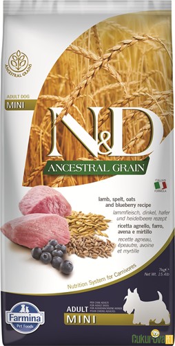 N&D Ancestral Grain Adult Mini Kuzu Etli Ve Yaban Mersinli Yetişki̇n Köpek Maması 7 Kg