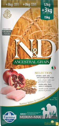 N&D Ancestral Grain Adult Medium & Maxi Tavuklu Ve Narlı Yetişkin Köpek Maması 15 Kg