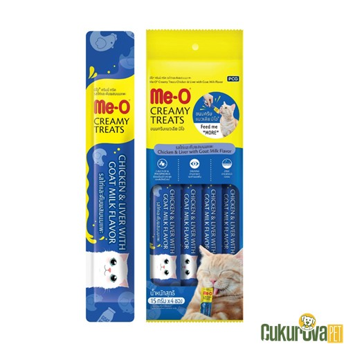 Me-O Creamy Treats Tavuklu, Tavuk Ciğerli ve Keçi Sütlü Kedi Ödül Kreması 4 x 15 Gr