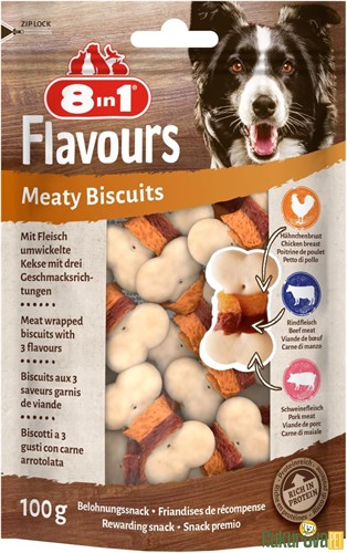 8 In 1 Flavours Meaty Biscuits Tavuklu, Dana Etli ve Domuzlu Köpek Ödül Maması 100 Gr