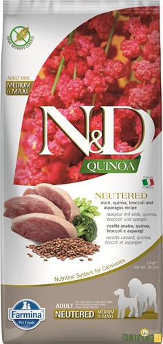 N&D Quinoa Adult Medium & Maxi Neutered Ördekli Brokolili Ve Kinoalı Diyet Ve Kısırlaştırılmış Köpek Maması 12 Kg
