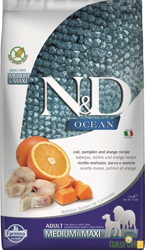 N&D Ocean Adult Medium&Maxi Morina Balıklı Bal Kabaklı Ve Portakallı Yetişkin Köpek Maması 2.5 Kg