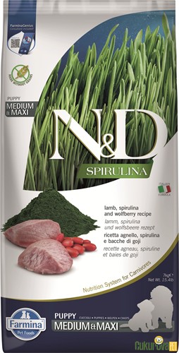 N&D Spirulina Puppy Medium&Maxi Kuzulu Ve Spirulinalı Yavru Köpek Maması 7 Kg