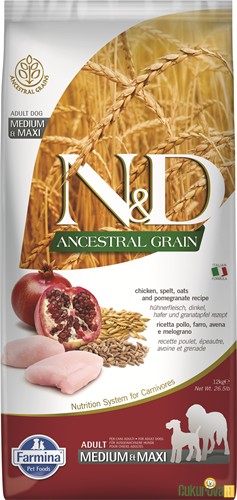 N&D Ancestral Grain Adult Medium&Maxi Tavuklu Ve Narlı Yetişkin Köpek Maması 12 Kg